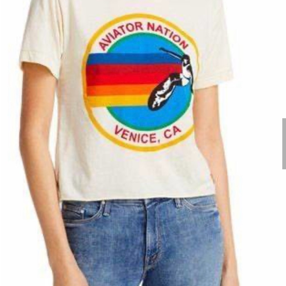Aviator Nation Cream Tee with Multicolor Logo